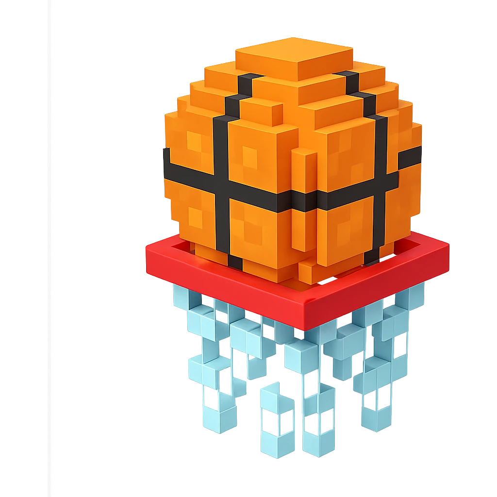 Voxel-style basketball in a net, no background, variation 6. emoji