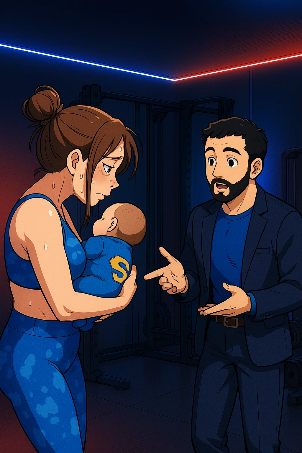 ispirati a questo stile di disegno e fai questa immagine in versione manga/webtoon a colori, il manga mostra la donna preoccupata di profilo con la postura sbagliata e incurvata, spalle chiuse e curve in avanti, con un neonato in braccio con una tutina azzurra e la scritta "S" sulla schiena, spina dorsale storta della donna in evidenza mentre ascolta l'uomo mentre l'uomo gli sta spiegando una cosa, ma non fare i fumetti, fai come se stessero parlando emoji