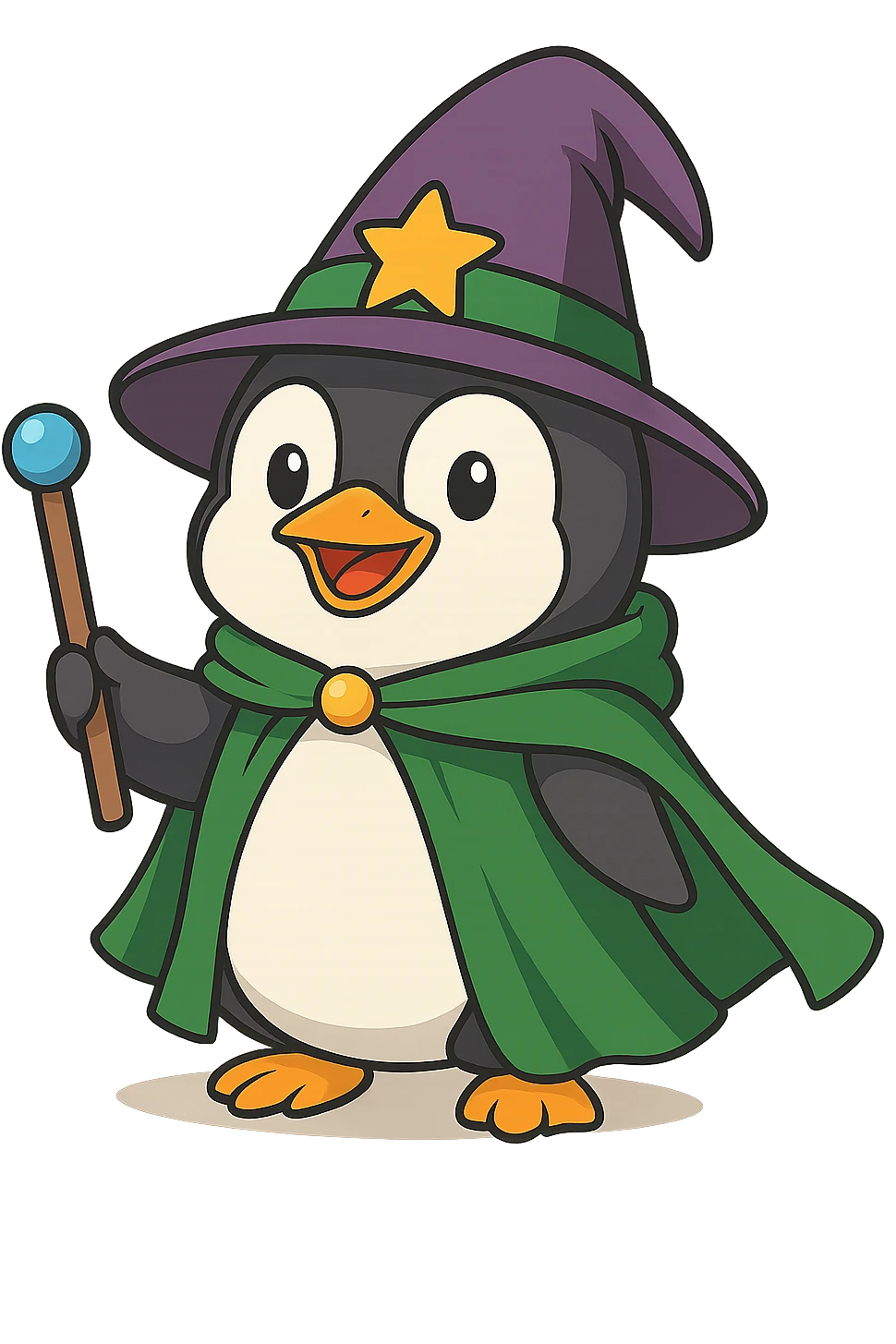 A penguin wizard with a pointy hat and a magic wand and a green cape with no background emoji