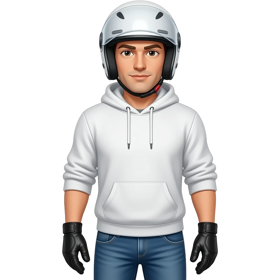 man wearing blue jeans, a white hoodie, black leather gloves, a white helmet with a face shield emoji