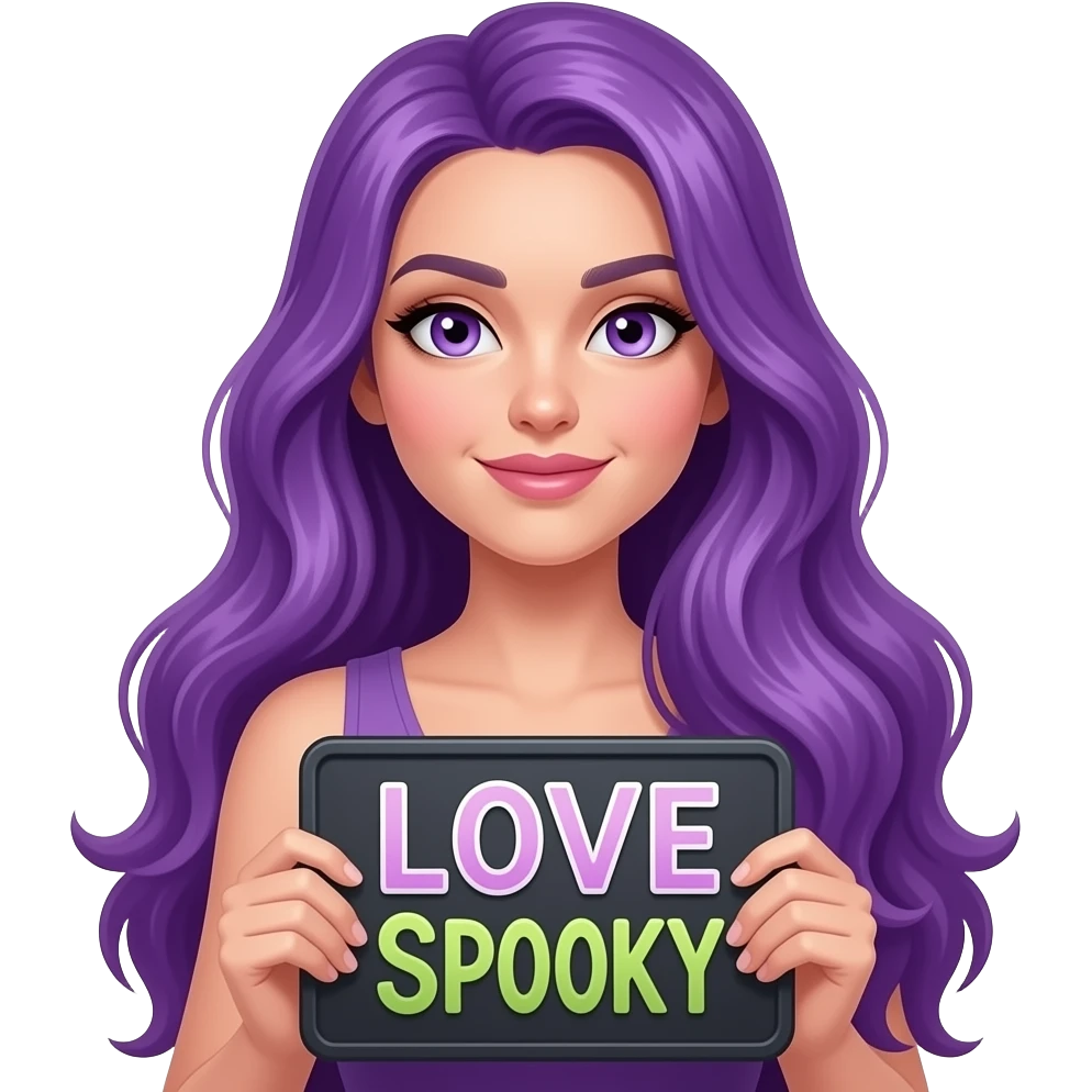 sexy girl with long purple hair and purple eyes holding a LOVE SPOOKY sign emoji