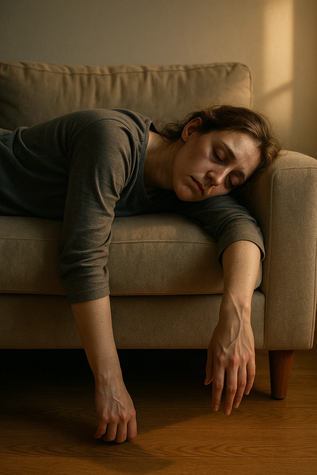 Empathetic photorealistic shot of a woman collapsed on a sofa, her body completely limp as if made of lead. One arm hangs off the edge, touching the floor. Her eyes are closed, face pale with dark circles. The afternoon light is warm but fails to energize the scene, emphasizing her profound exhaustion. emoji