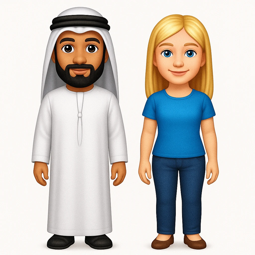 Сгенерируй мне в стиле детализированного емодзи пару, где мужчина с черной бородой и в арабском одеянии и чуть со смуглой кожей, а девушка чистая славянка, блондинка. В ПОЛНЫЙ РОСТ ОНИ И НЕ КАСАЮТСЯ КРАЕВ ИЗОБРАЖЕНИЯ emoji