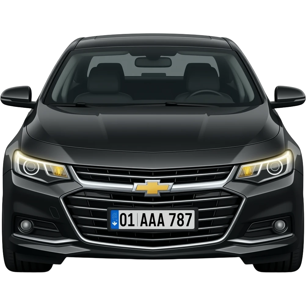 A realistic icon emoji of a metallic black sedan Chevrolet Malibu 2.0L Turbo Premier, dark charcoal tint windows, black alloy 5-spoke rims, Dynamic amber glow LED headlights with sharp laser-beam effect, uzbekistan region number texts "(uzbekistan flag) 01 | AAA 787" in plate emoji
