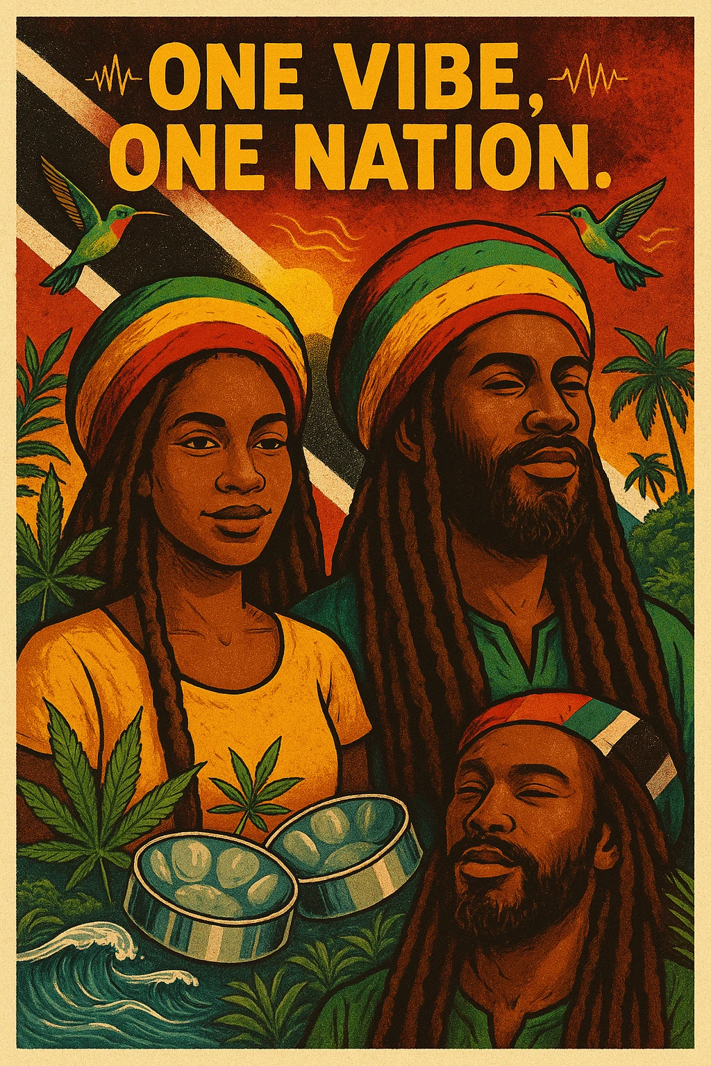 Create a vibrant digital illustration in vintage poster style featuring a proud Trinidadian Rasta man and woman with long dreadlocks and a bold red, gold, and green tam. The background should incorporate the Trinidad and Tobago flag in a stylized, textured way — using deep red, black, and white tones that blend with tropical elements. Surround the figure with iconic cultural symbols like steelpan drums, ganja leaves, and hummingbirds in flight. Add warm Caribbean sunlight, ocean waves, and lush greenery to enhance the island energy. The Rasta man should radiate peace, power, and island wisdom — with bold facial features, calm expression, and a sense of spiritual presence. The overall tone should be rootsy, regal, and rich with island soul — merging reggae culture with Trinidadian pride. Optional accents: subtle soca rhythm lines in the background or a quote like “One Vibe, One Nation.” emoji