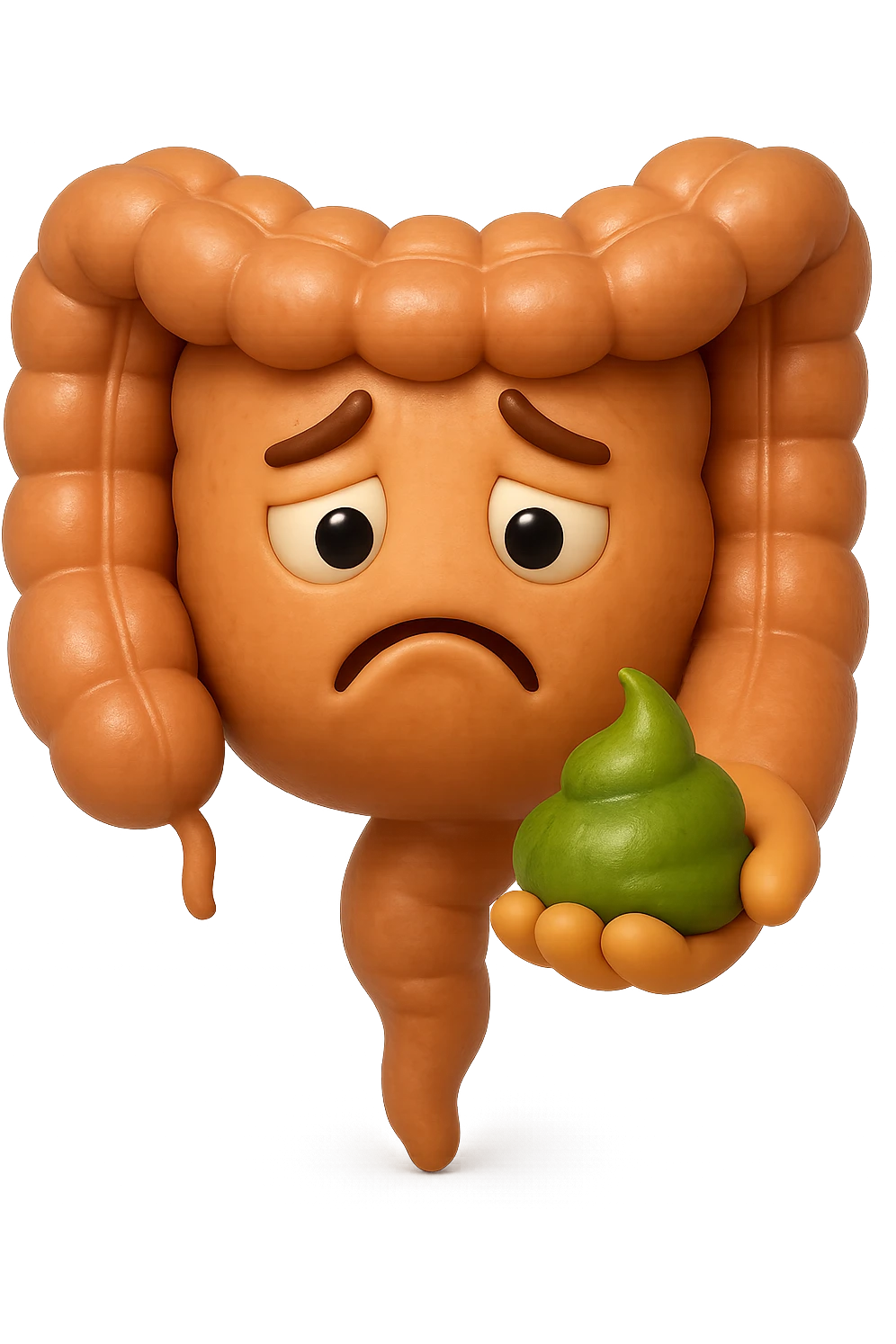 emoji stile iphone 3d di un intestino con espressione triste con cacca verde e liquida in mano, iperrealistiche 4k emoji