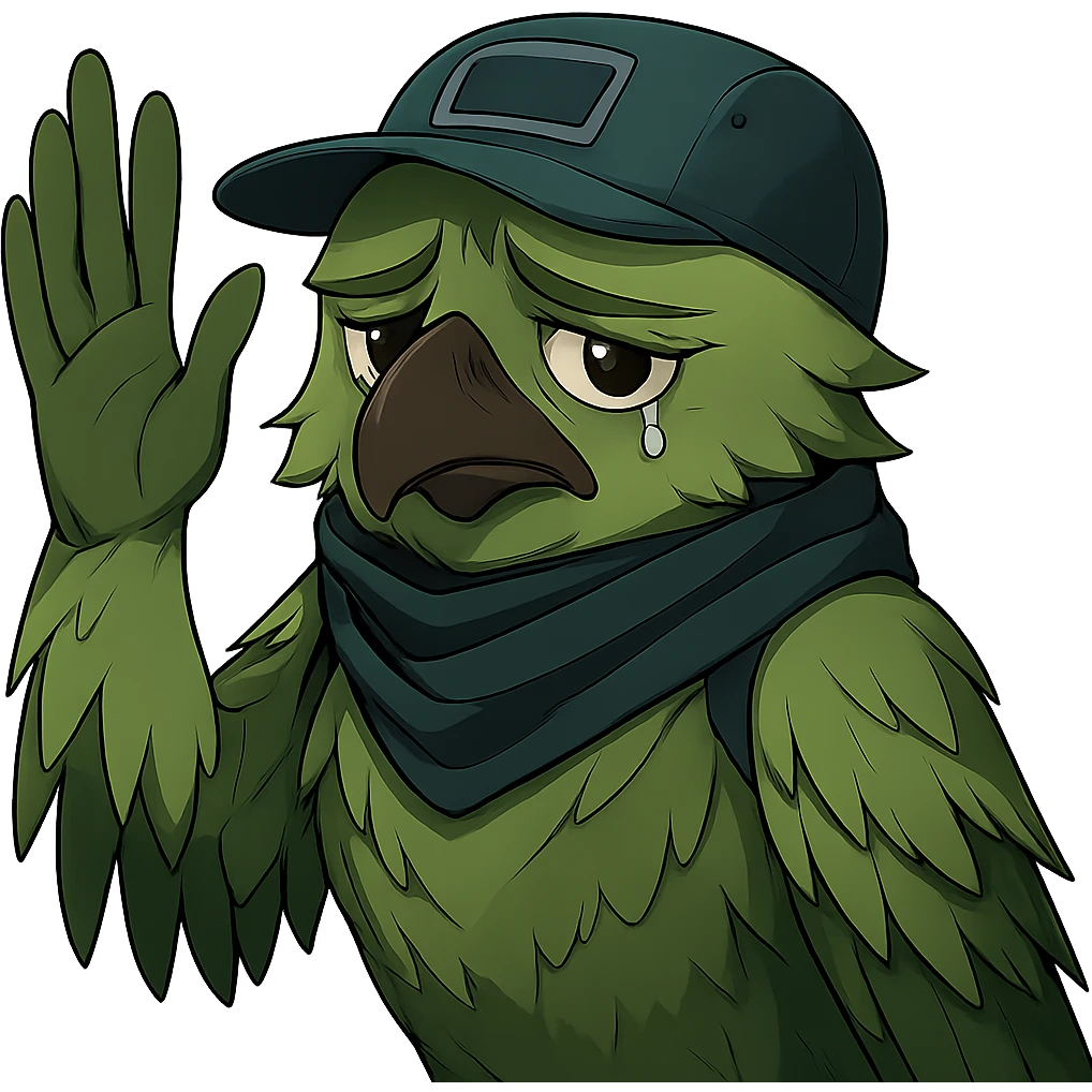 Make the anime style green bird inspired by Valorant agent Falko waving and looking sad, more detailed, with no background. Preserve the anime style and green bird characteristics. emoji