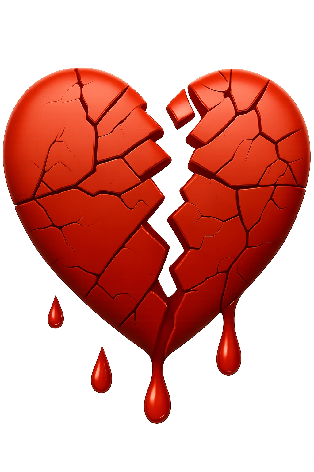 A cracked heart emoji, with visible lines and fractures running through it, symbolizing a broken heart, dripping blood, in the style of Apple emoji. emoji