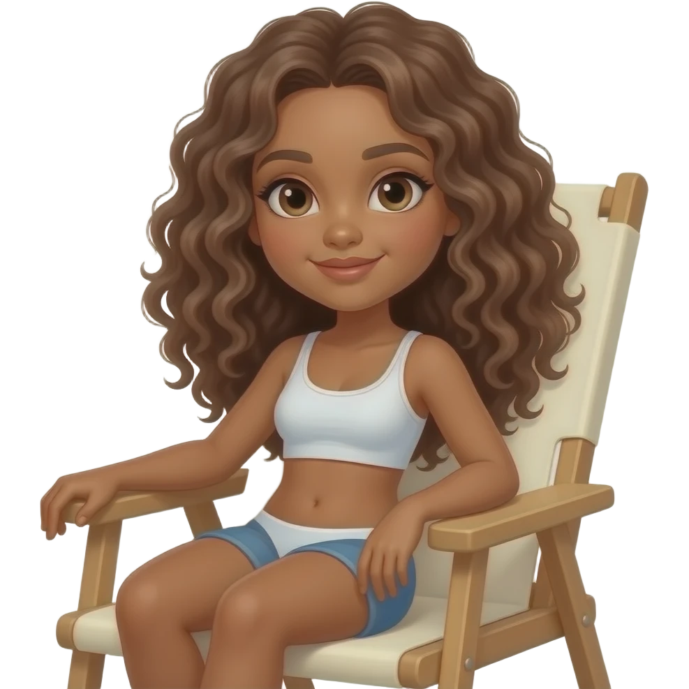 Girl with long curly hair and tan skin in a chair tanning emoji