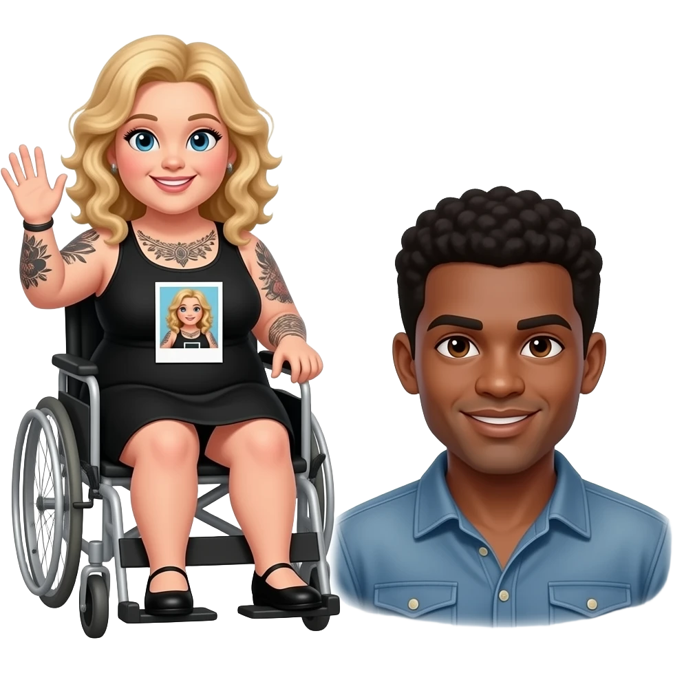 Plus size women waving in wheelchair Blonde curly hair blue eyes black tattoos a black summer dress with a Polaroid photo on dress of herself & a African American man black hair brown eyes no facial hair saying “Best Friends” in cursive writing emoji
