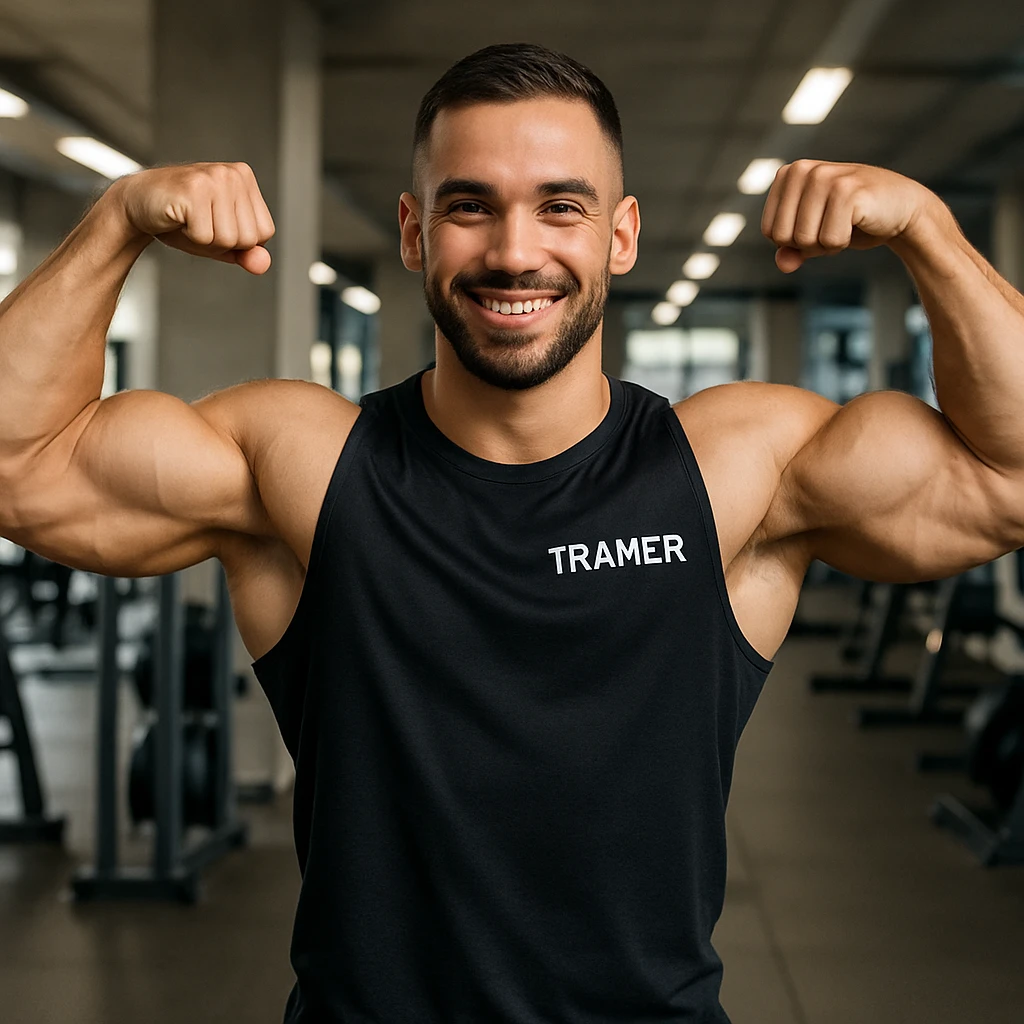 Fitness trainer shows the biceps at full length emoji
