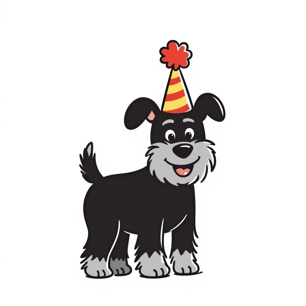 A schnauzer dog wearing a colorful birthday hat emoji