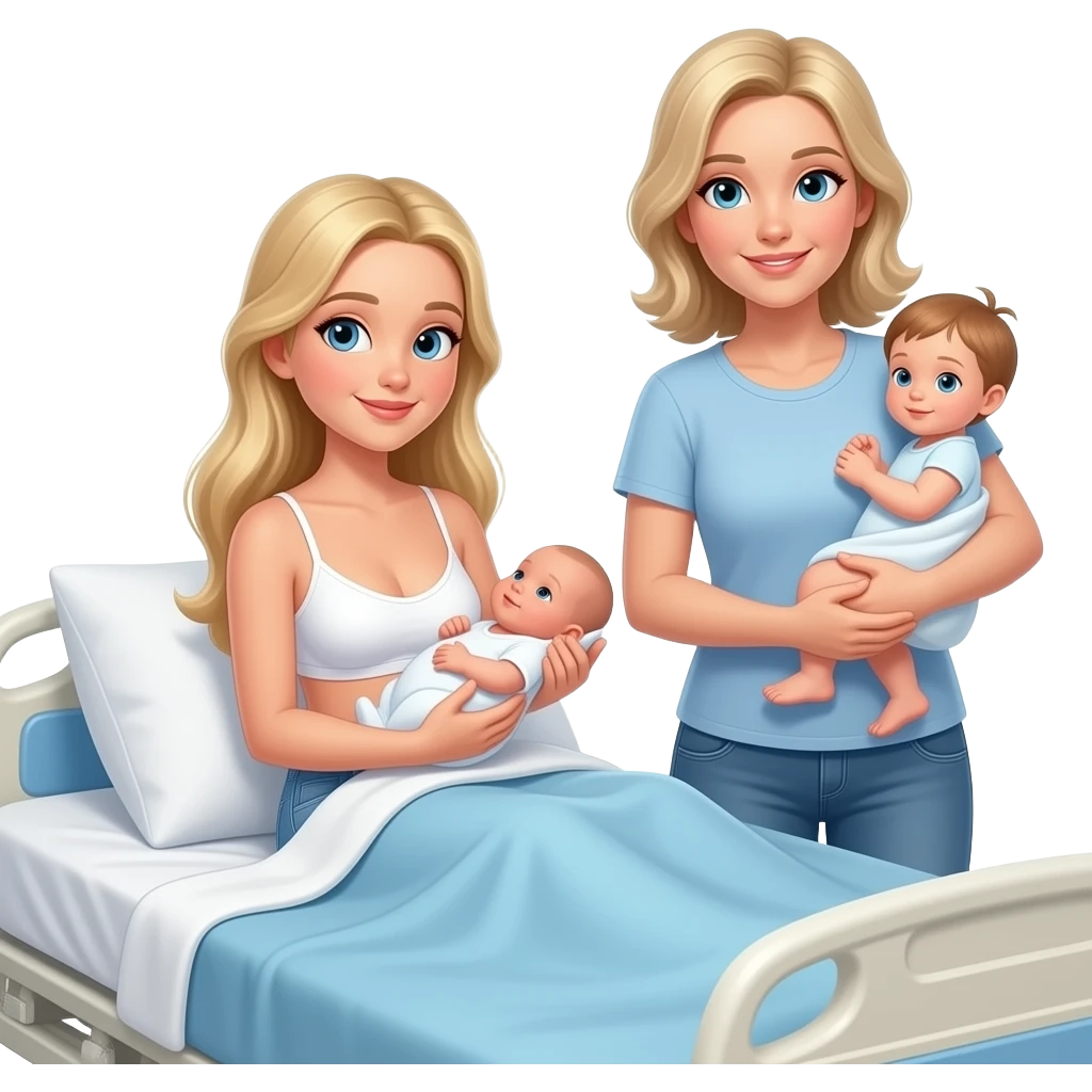 in hospital bed in blanket 17 year old Woman with long blonde hair, and light blue eyes, wearing white bra and light blue baggy jeans with skinny body, holding newborn girl, with 38 year old mom with blonde hair and blue eyes holding baby girl on the waist with one arm, standing beside bed emoji