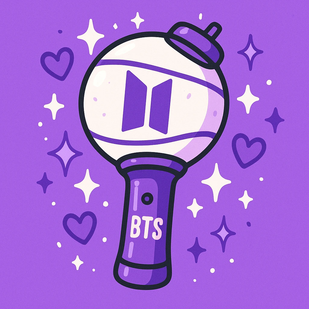 BTS nightstick, stylized as a cartoon, with sparkles and hearts, purple and white colors, energetic vibe emoji
