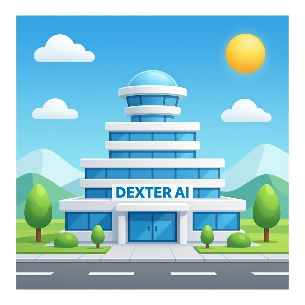 A futuristic building with the word "DEXTER AI" emoji