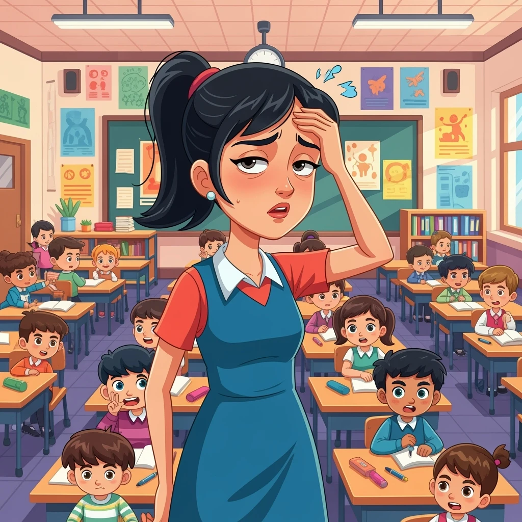 vector cartoon art of a exhausted teacher in a bustling classroom emoji
