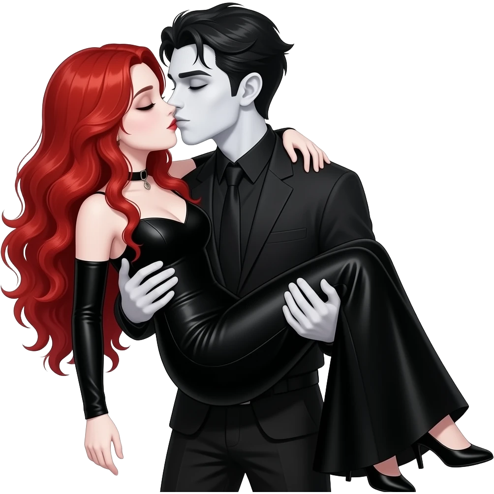Vampiro femmina adolescente con capelli lunghi rosso fuoco ondulati con pelle bianca che indossa un vestito lungo con le maniche strette e nero che è tenuta in braccio dal suo ragazzo VAMPIRO con la pelle chiara e si stanno baciando emoji