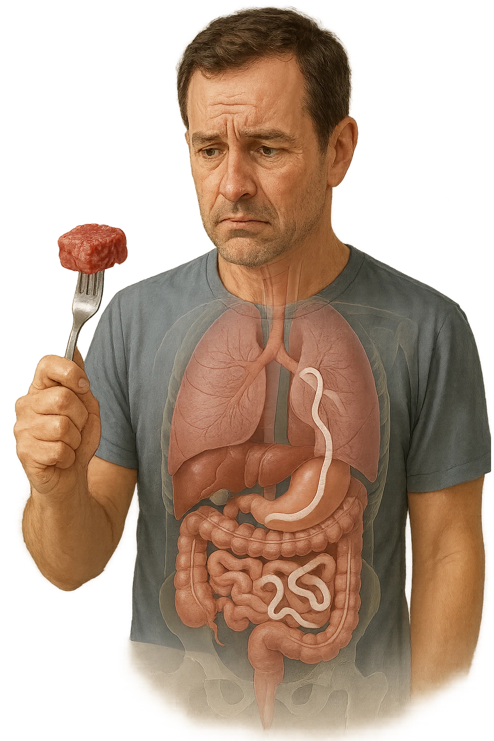 A realistic, high-quality medical illustration showing a concerned man in his early 40s holding a piece of raw beef tartare on a fork, looking at it with a worried expression. Behind him, a transparent overlay of his digestive system reveals the presence of Taenia saginata (beef tapeworm), depicted as a long, segmented white worm inside his intestines, symbolizing the infection. The environment is a kitchen with bright but neutral lighting, creating a serious educational tone. Subtle anatomical highlights and clean medical graphics convey the concept of parasite transmission through undercooked beef, emphasizing food safety and health awareness. emoji