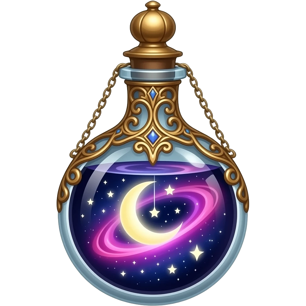 ornate glass vial with metallic filigree, swirling cosmic nebula inside, glowing purple‑pink‑blue light, crescent moon and tiny stars suspended in liquid, ethereal magical atmosphere emoji