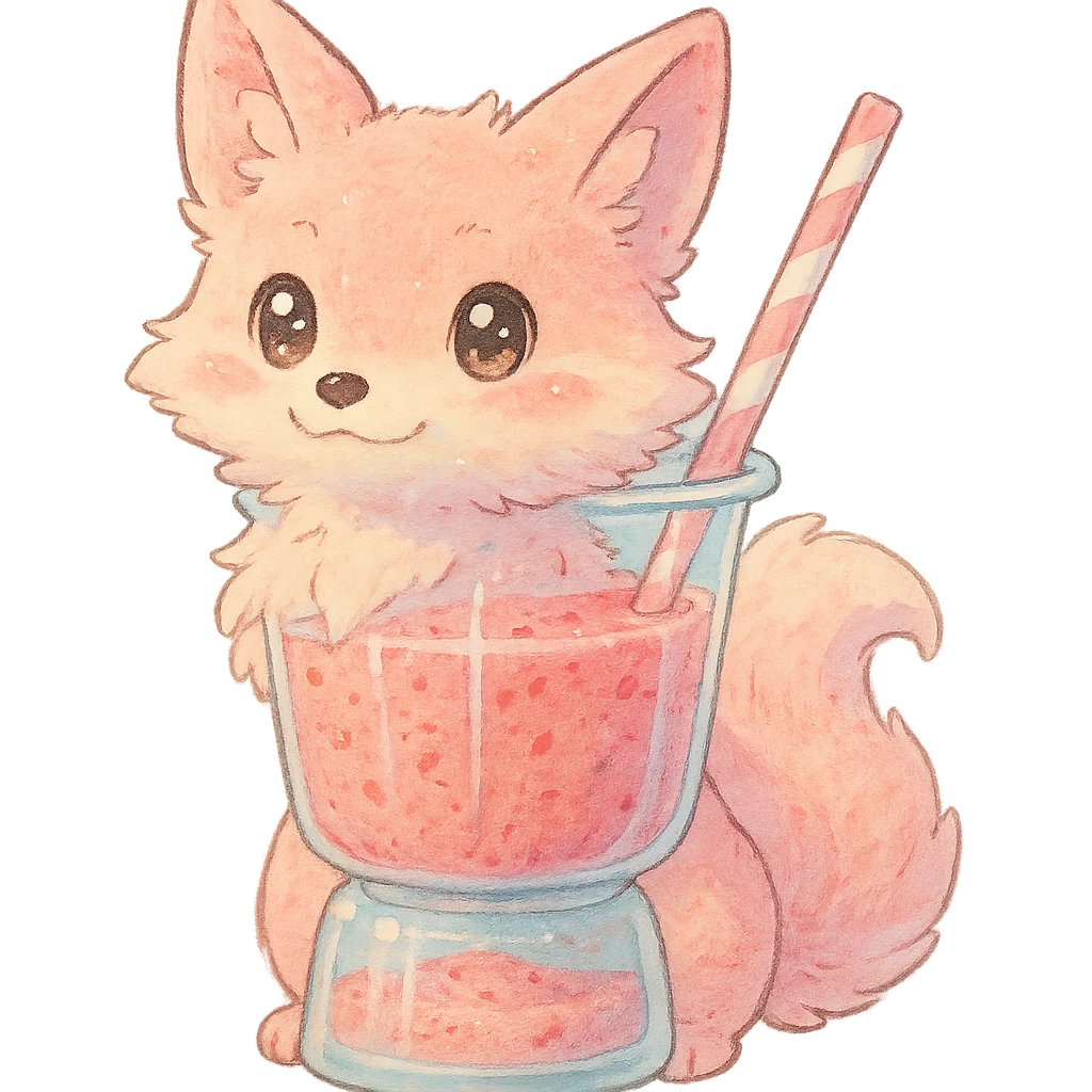 a blender transformed into a soft, fluffy fox with a transparent body and a fruity smoothie inside, sparkling eyes, pastel pink, full-body emoji
