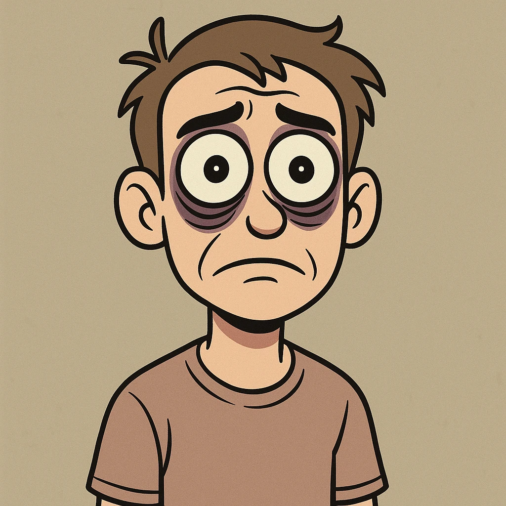 a cartoon of a regular person with exaggerated wide eyes and dark circles, clearly lacking sleep emoji