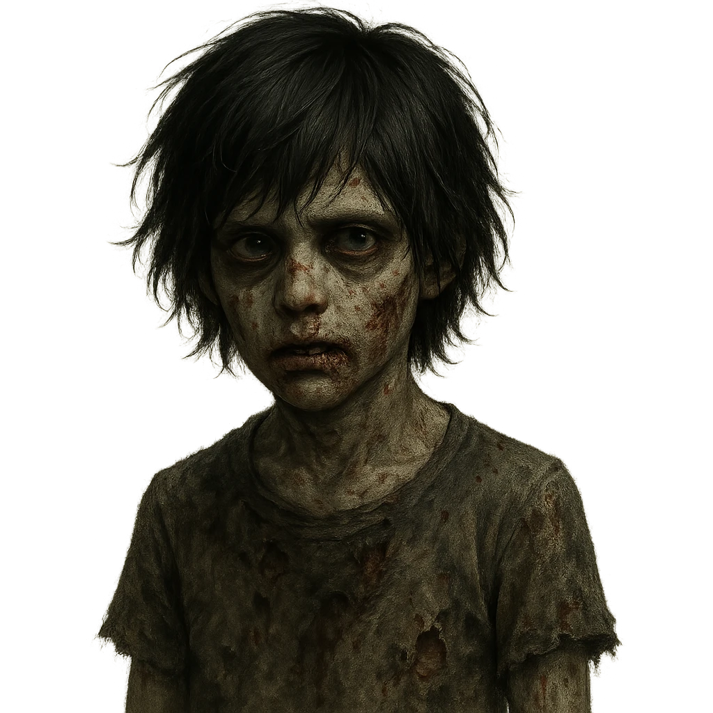 creepy boy zombie, black shaggy emo hair, medium long, dark and haunting expression emoji