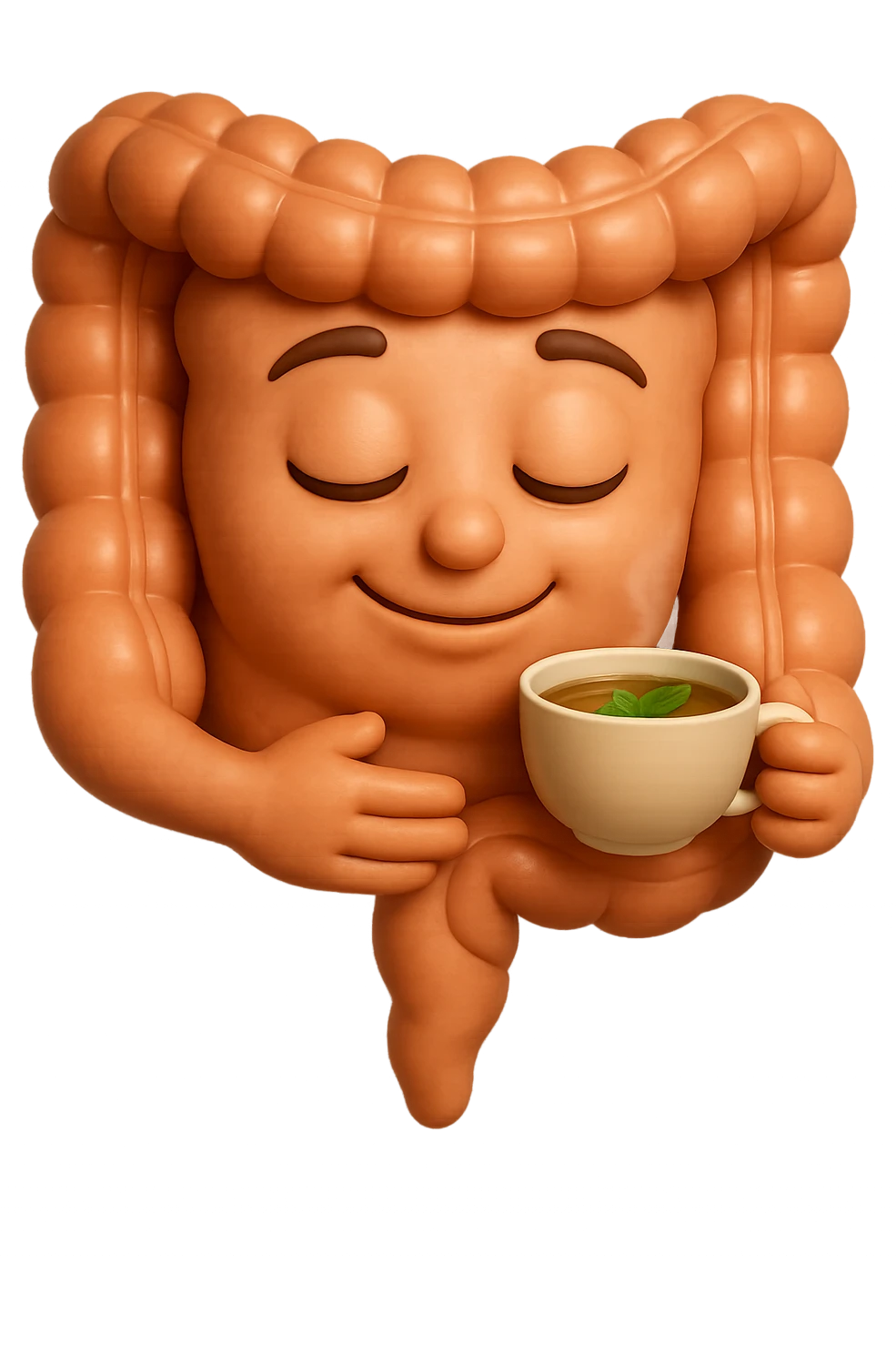 emoji stile iphone 3d di intestino umano sereno che si tocca la pancia mentre sorseggia un thè alle erbe, iperrealistico 4k emoji