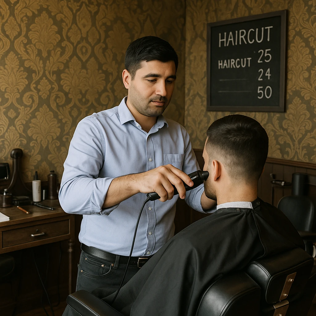 Draw me a picture of a barbershop that looks like this guy working in a barbershop. The barbershop doesn't have to be very modern. It should be on a medium floor. Also draw a blackboard on the wall. It should have the prices for haircuts there. emoji