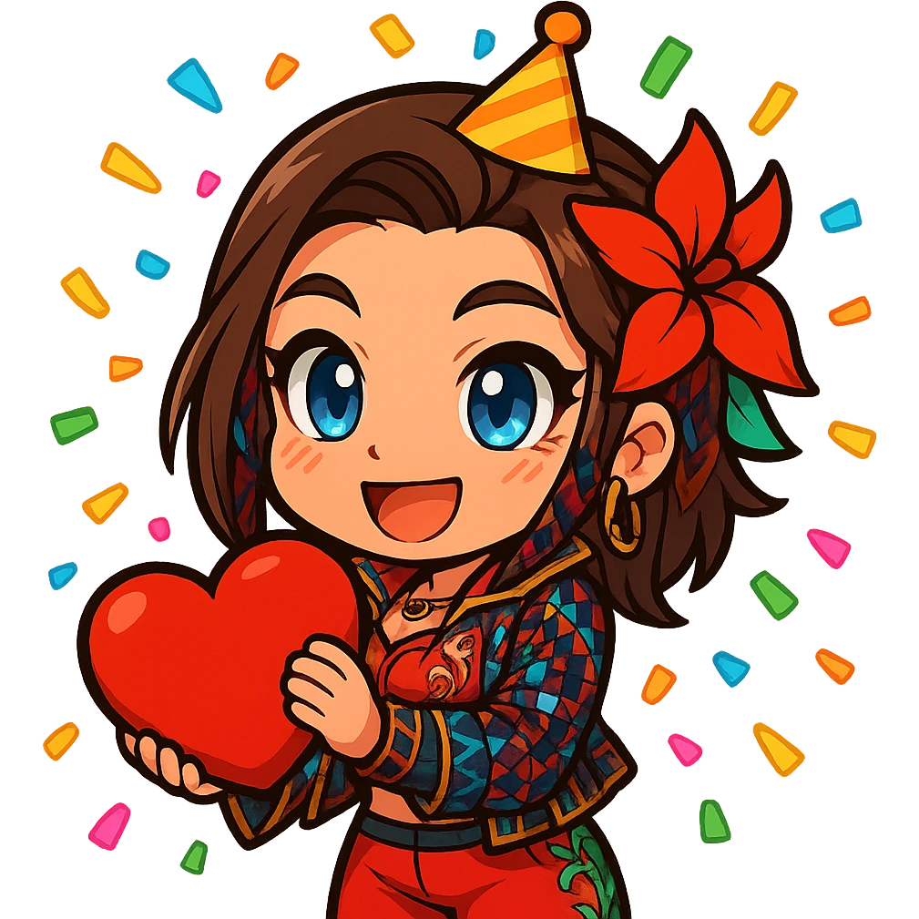 Azucena from Tekken 8 in chibi sticker style, wearing a party hat and surrounded by confetti, celebrating, wearing the detailed red and patterned outfit from the reference images, designed for Twitch emote use. emoji
