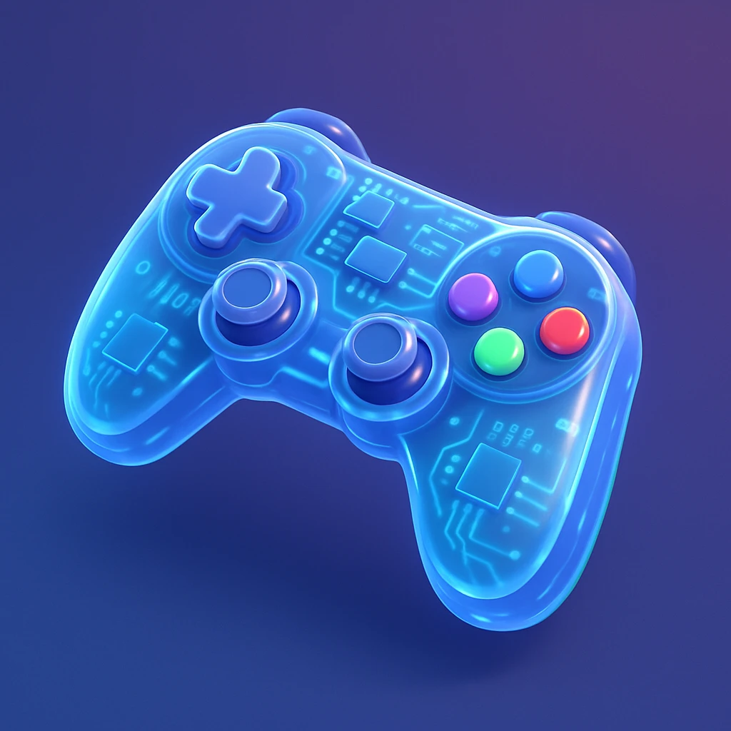 game controller, glossy circuit animated icon style, shiny and futuristic, glowing lines, tech-inspired emoji