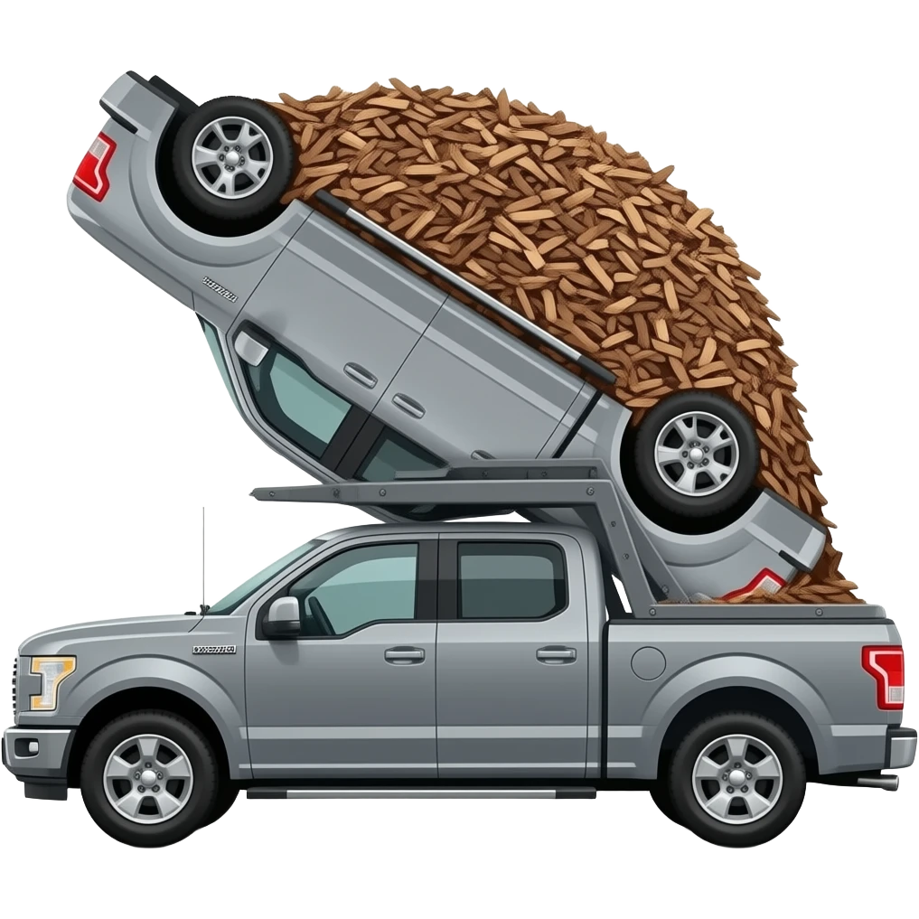 Gray F150 with full of bark chips in the back upside down in between two other cars emoji