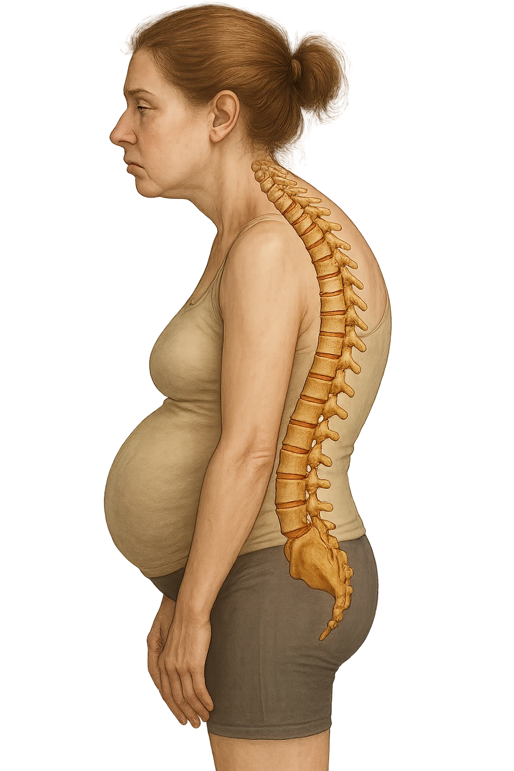 DONNA DI PROFILO CON LA POSTURA SBAGLIATA, SPINA DORSALE UMANA ANATOMICA REALISTICA IN EVIDENZA, LA PANCIA IN FUORI E LE SPALLE CHIUSE emoji