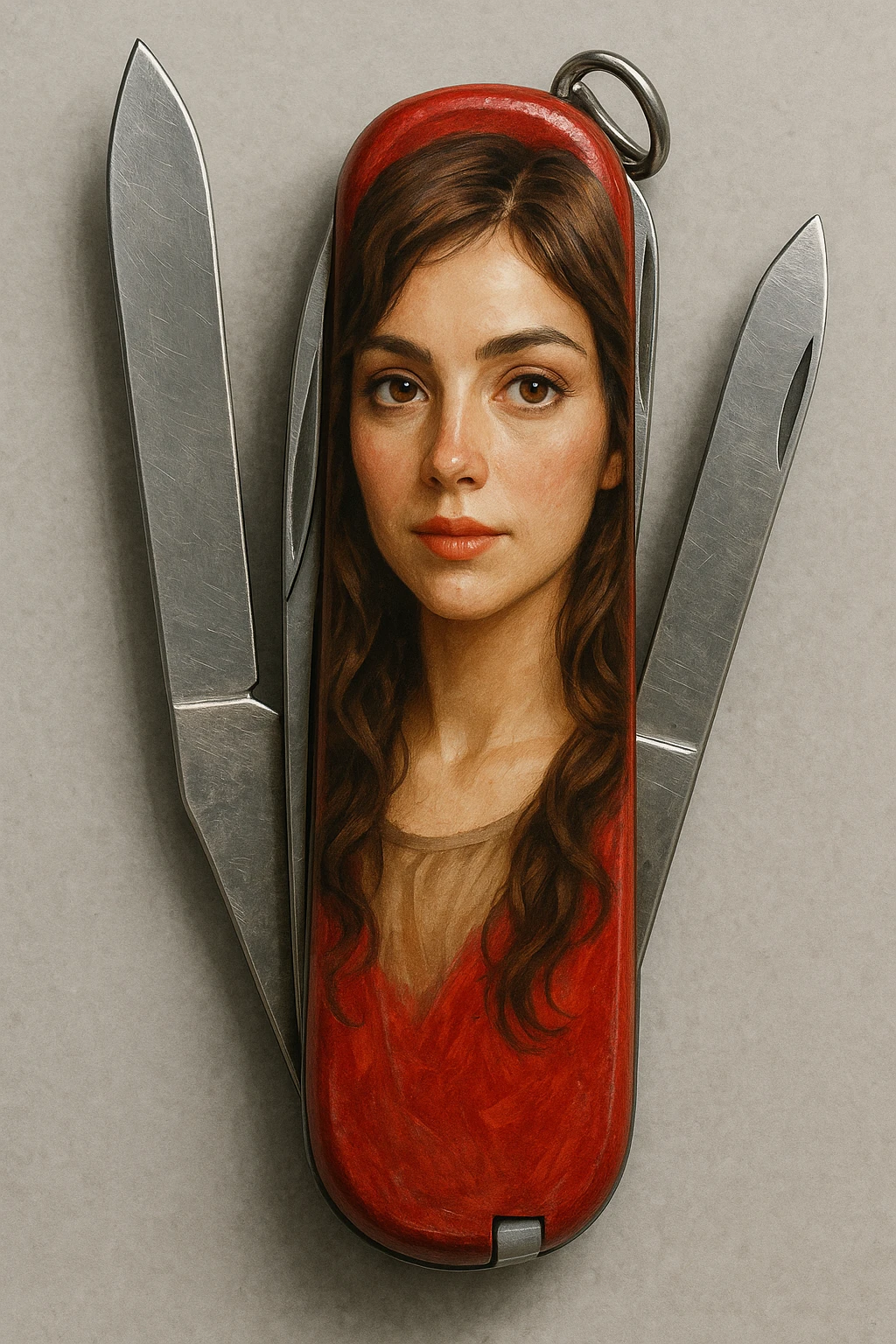 a detailed, character-focused illustration of a brunette woman with light brown eyes on a swiss army knife emoji