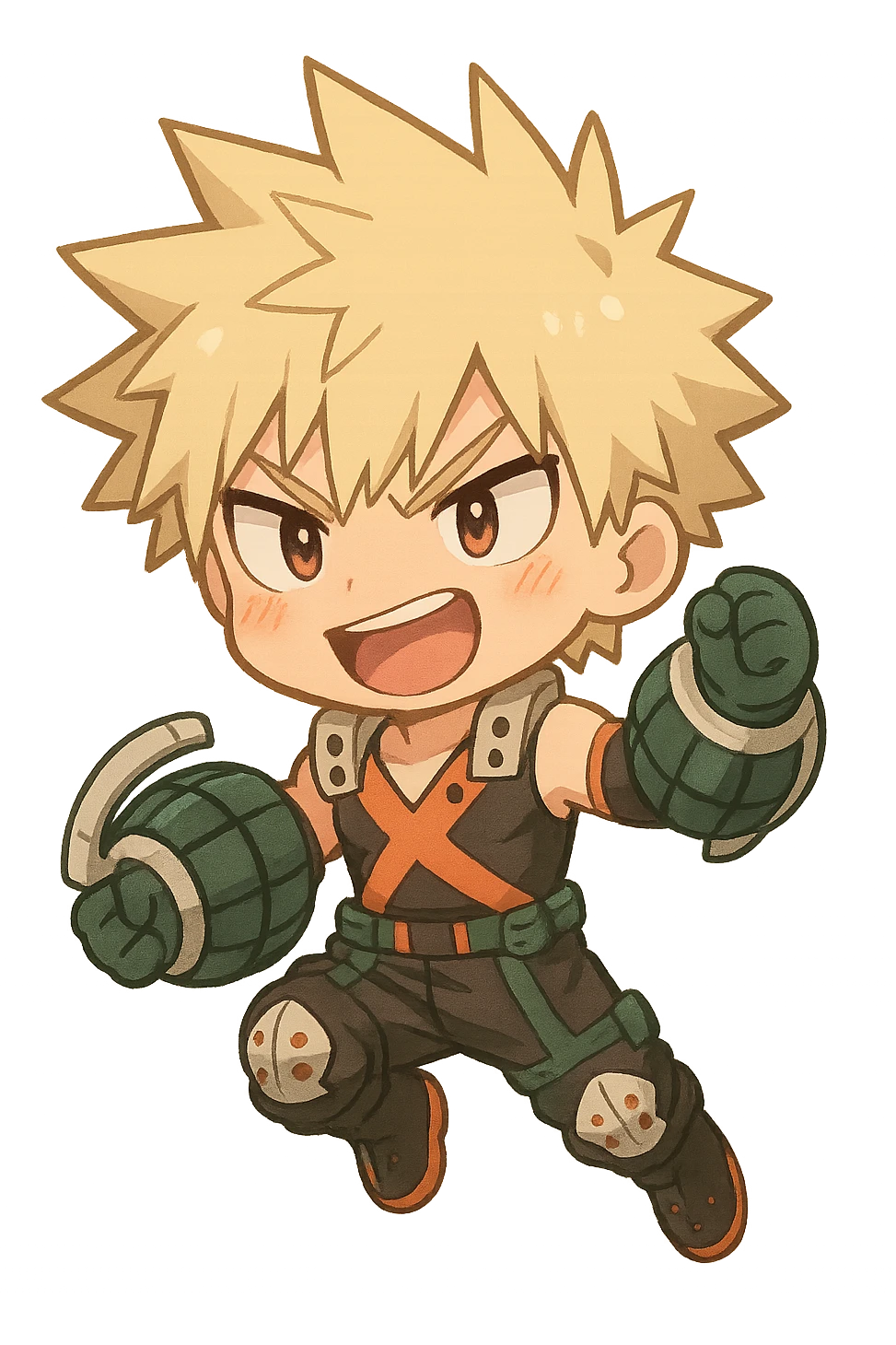 anime male character Bakugou Katsuki in chibi style, cute proportions, spiky blond hair, expressive face, hero costume, energetic pose emoji