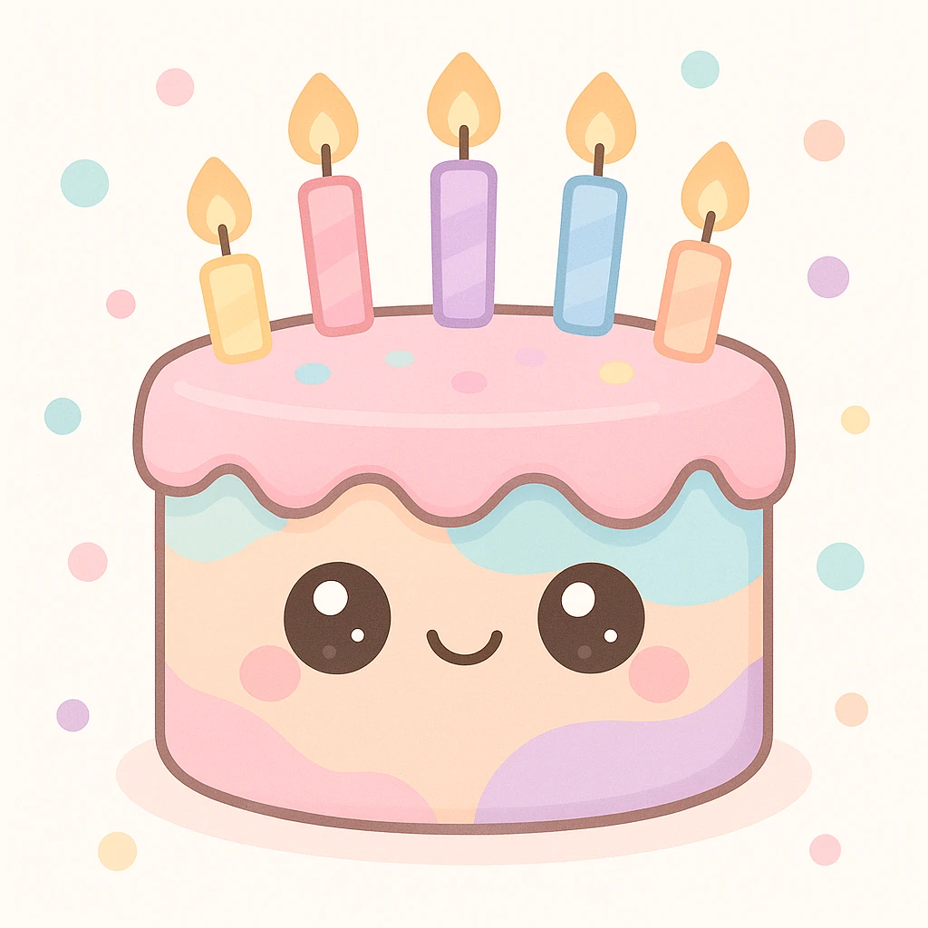 animated birthday cake, pastel colors, cute kawaii style, smiling face, candles emoji