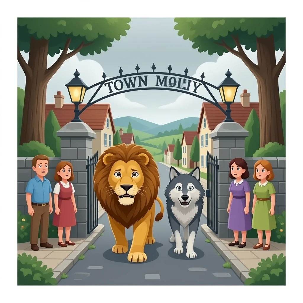 quiero que en publo entre un leon y un perrro por el bosque que sea realista i la gente este asustada pero que llegen a el pueblo emoji