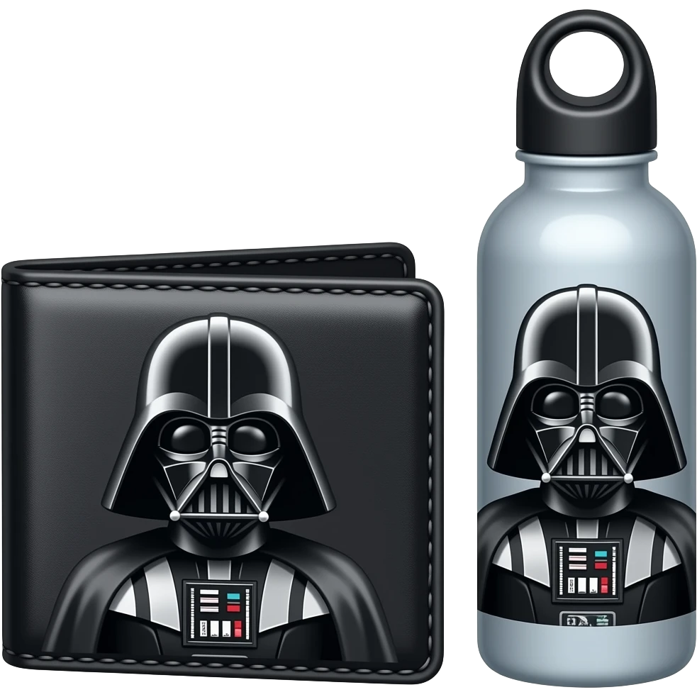 Darth Vader's Man's wallet with the Darth Vader's wetter bottle by-side the wallet emoji