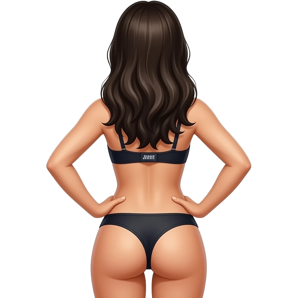 Black long hair woman wearing underwear, back view, Jack-o pose emoji