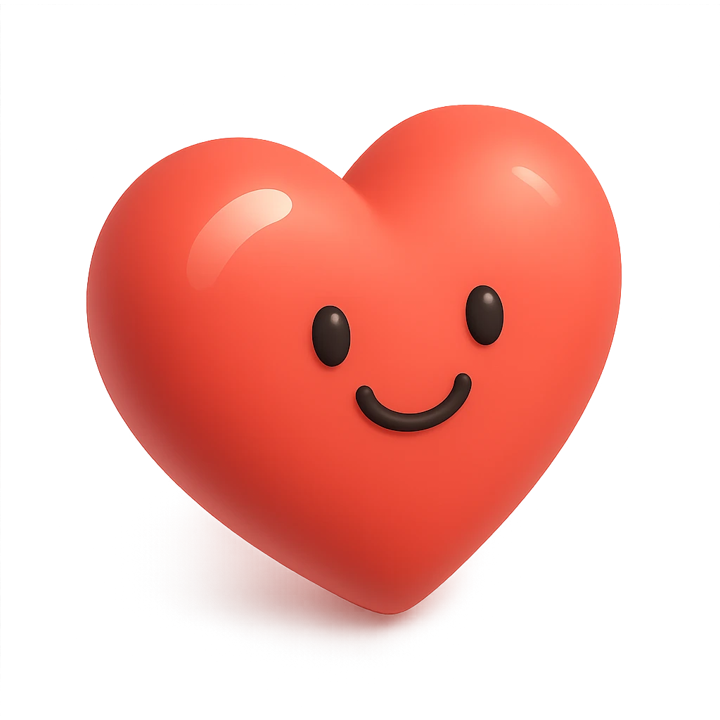 large-scale red heart emoji with a cute smiling face, shiny highlights, transparent background emoji