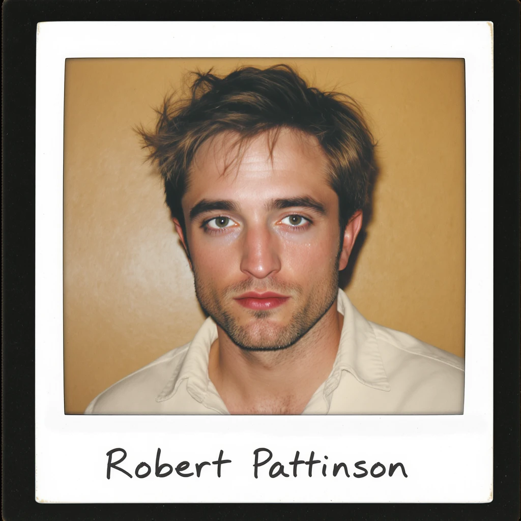 portrait illustration of Robert Pattinson, the actor, with his signature tousled dark hair and intense gaze, warm tones, classic instant photo border emoji