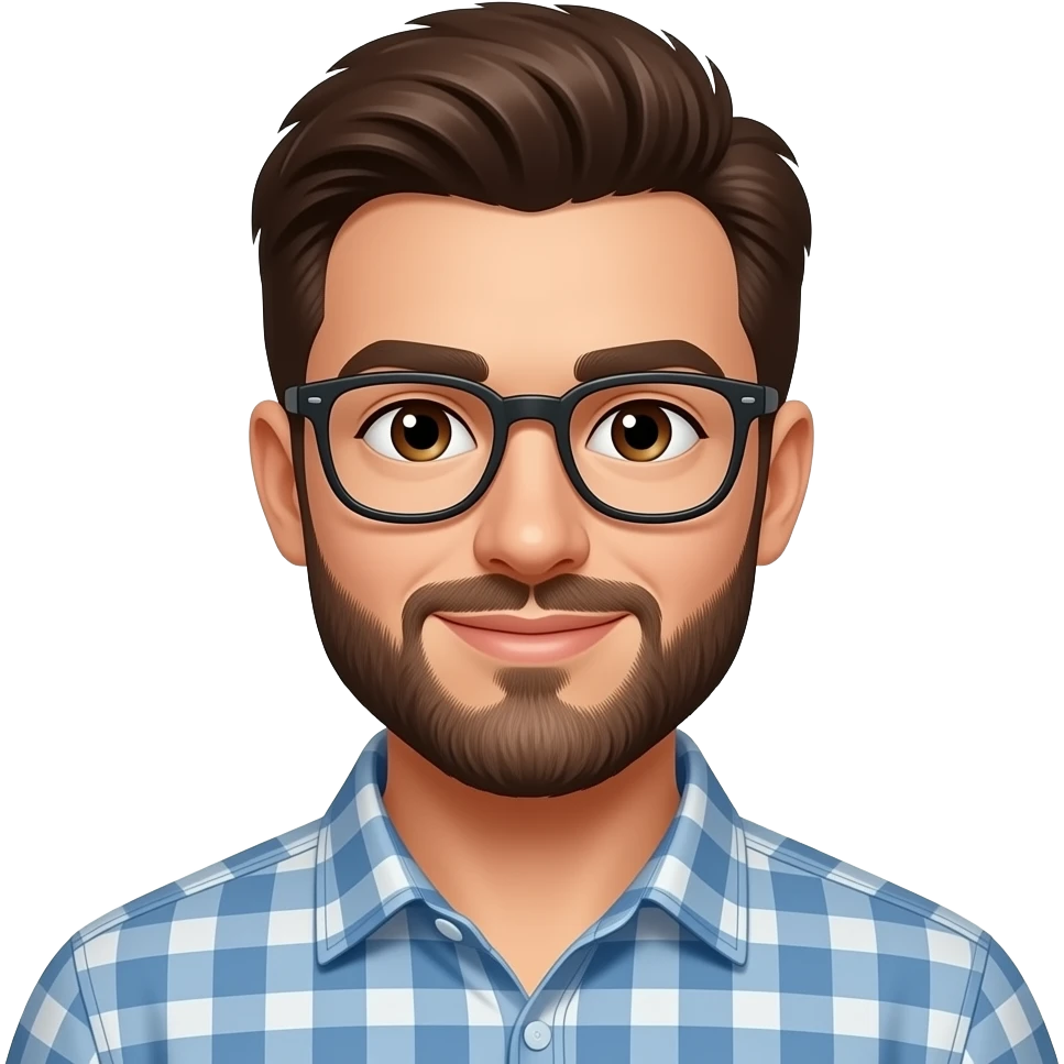 Lovely man with short brown hair and beard and glasses with brown eyes emoji