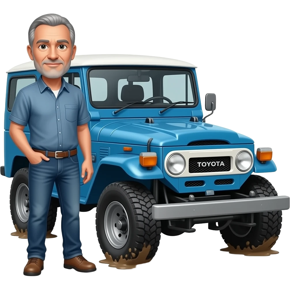 Toyota fj40 Land Cruiser emoji style with grey haired balding man with clean shaven face wearing jeans and short sleeve shirt standing next to blue fj40 with mud on tires emoji
