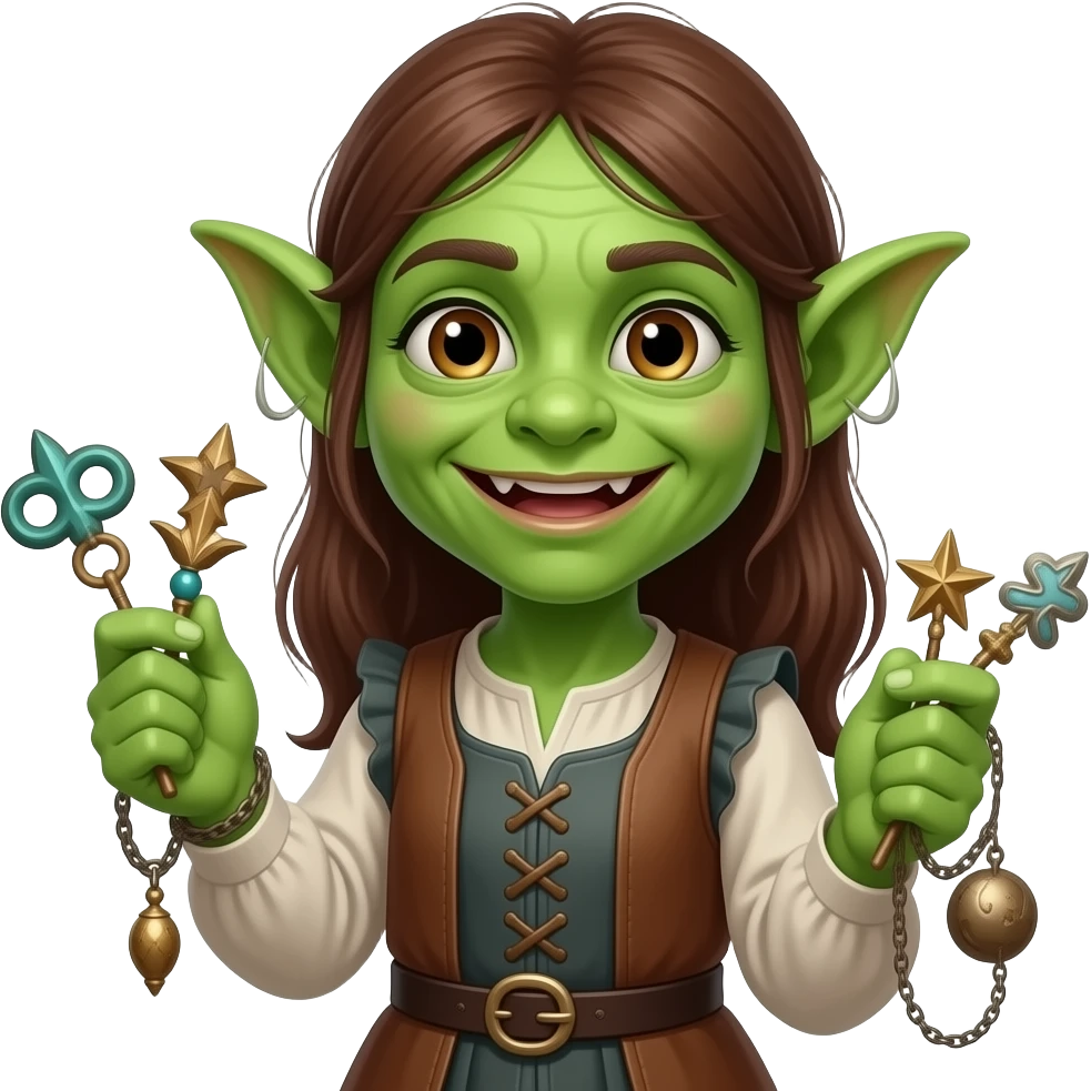 Cheerful Rennaisance faire Green skin Goblin girl with junk trinkets poor emoji