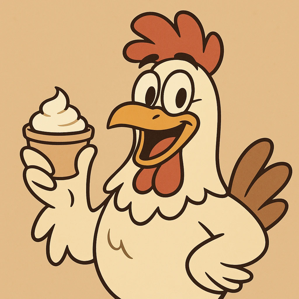 cartoon chicken, cup of cream in wing, happy expression, no text emoji