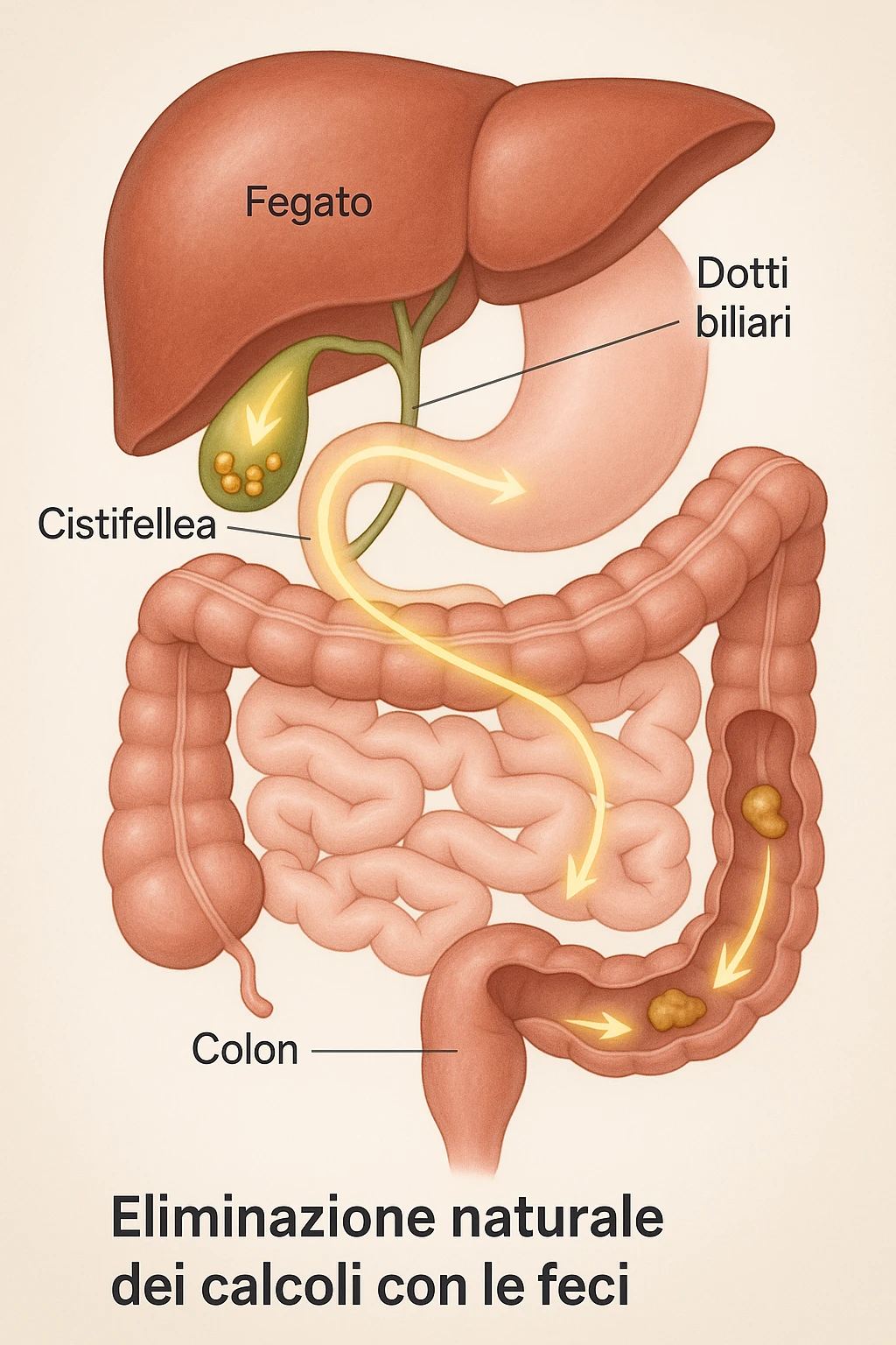 A realistic, educational medical illustration showing the human digestive tract focusing on the liver, gallbladder, bile ducts, and intestines. The gallbladder is depicted with small gallstones inside. A soft glowing arrow indicates the flow of bile and small stones moving naturally from the gallbladder through the bile ducts into the intestines. In the colon, small softened gallstones are shown being prepared for elimination, symbolizing their removal through bowel movements. The style is clean, precise, and clear with soft anatomical colors (greens, soft reds, and yellows) and faint glowing arrows to illustrate the process. The background is a subtle neutral gradient to keep the focus on the organs and the pathway. The image conveys the concept of natural gallstone elimination through the intestines via the stool in a clear, non-graphic, and educational way in italiano emoji