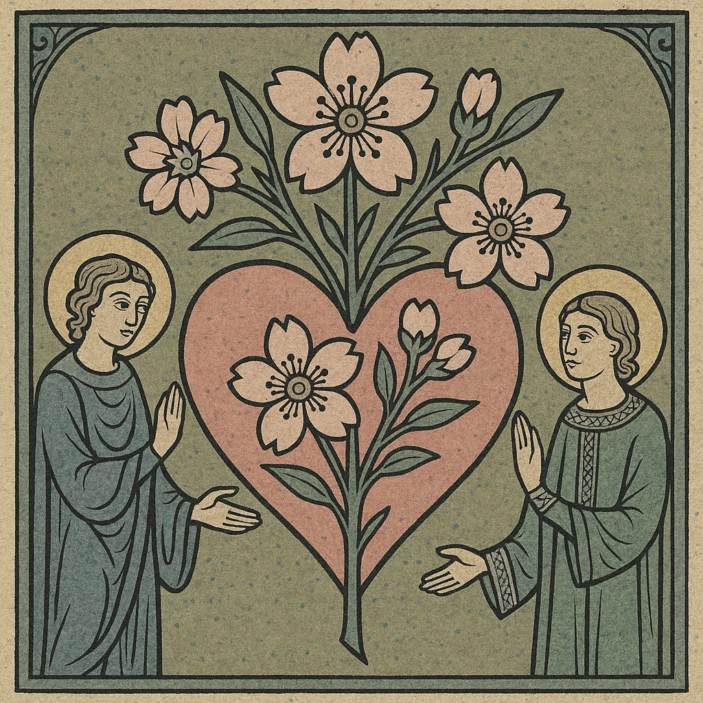 pink heart with sakura flowers, medieval art style emoji