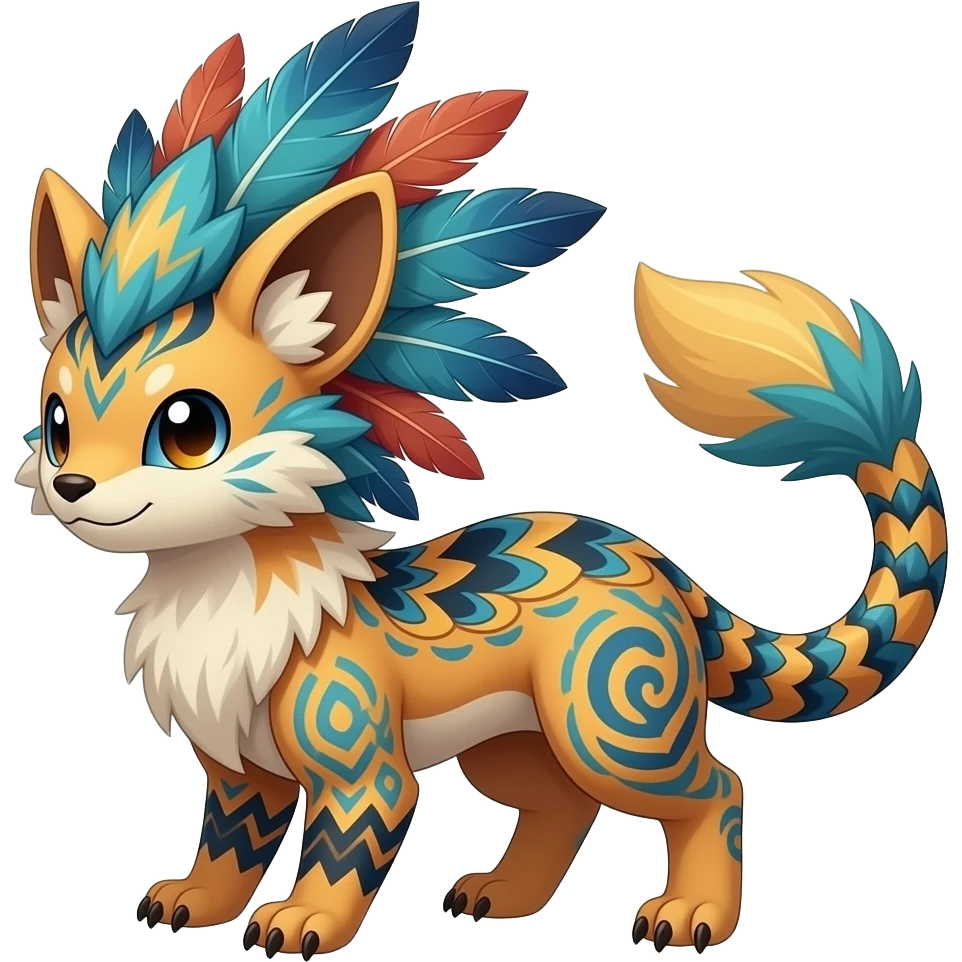 Tribal-patterned aboriginal majestic feathery elegant realistic stylish Furry, fluffy feathery tropical painted scaly, colorful Litten-Minccino-Bambino-Linoone-Zangoose-fusion-hybrid-animal-Fakémon-creature, full body, thin long sleek tufted tail, intricate markings emoji