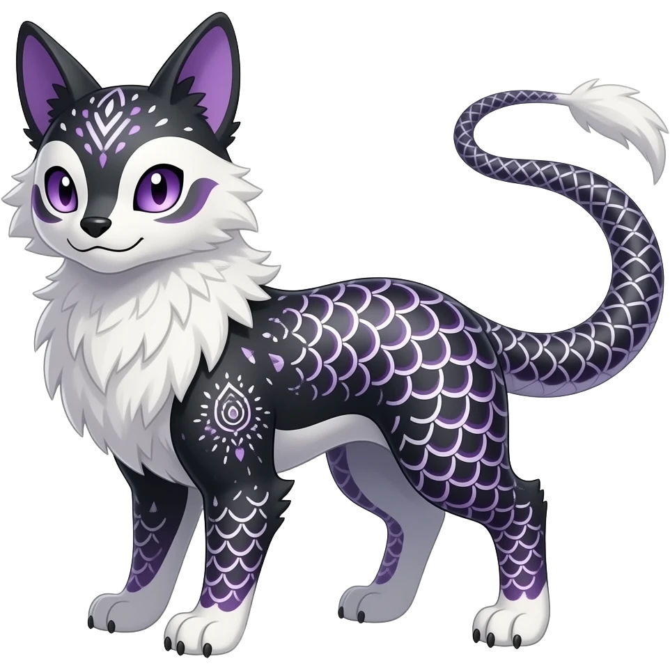 Grunge-patterned bohemian-patterned feathery elegant realistic Furry, feathery fluffy tropical flecked painted feathery scaly, Purple, white, black, Minccino-Bambino-Lykoi-Linoone-Zangoose-fusion-hybrid-animal-Fakémon-creature, full body, thin long sleek scaly tail, intricate markings emoji