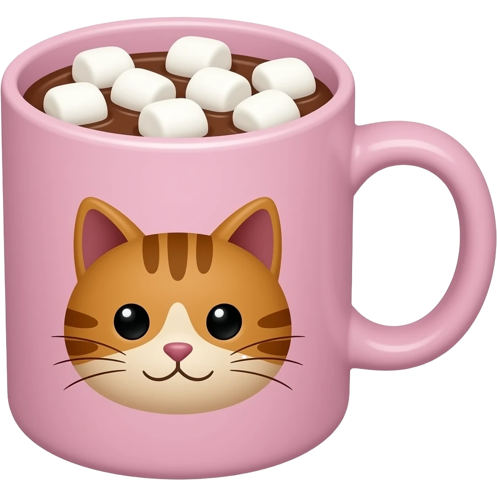 Caneca rosa clara com uma estampa de um gatinho Marrom em uma caneca, e da caneca que não é a estampa, tem chocolate quente com marshmallows. emoji