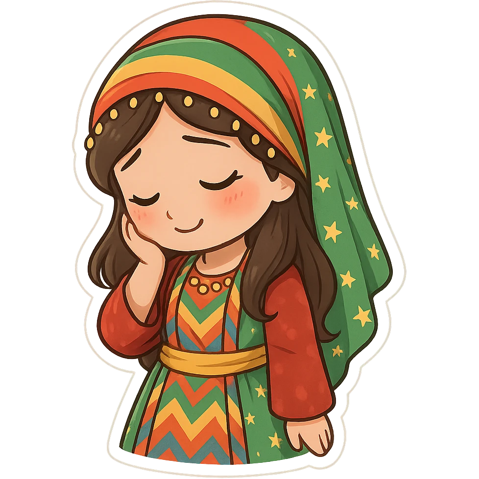 Cartoon sticker of a Kurdish woman wearing traditional colorful and cheerful Kurdish female clothing, face showing a shy expression, one hand on the cheek, head slightly down, no shadow or color halo around the image, no text, suitable for WhatsApp and Instagram, with a completely transparent background. emoji